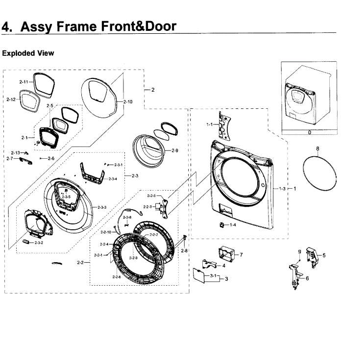 Frame Front And Door Diagram and Parts List for WF50K7500AW A2-11 Samsung Washer