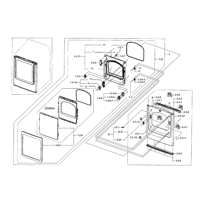 Frame Front And Door Diagram and Parts List for DV45H7000EW A2-00 Samsung Dryer