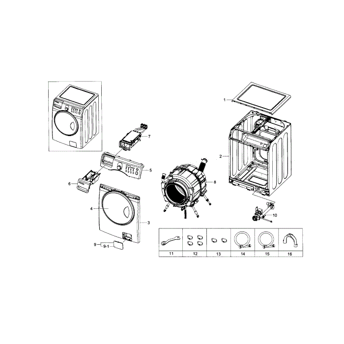Main Assembly Diagram and Parts List for WF218ANW XAA-01 Samsung Washer