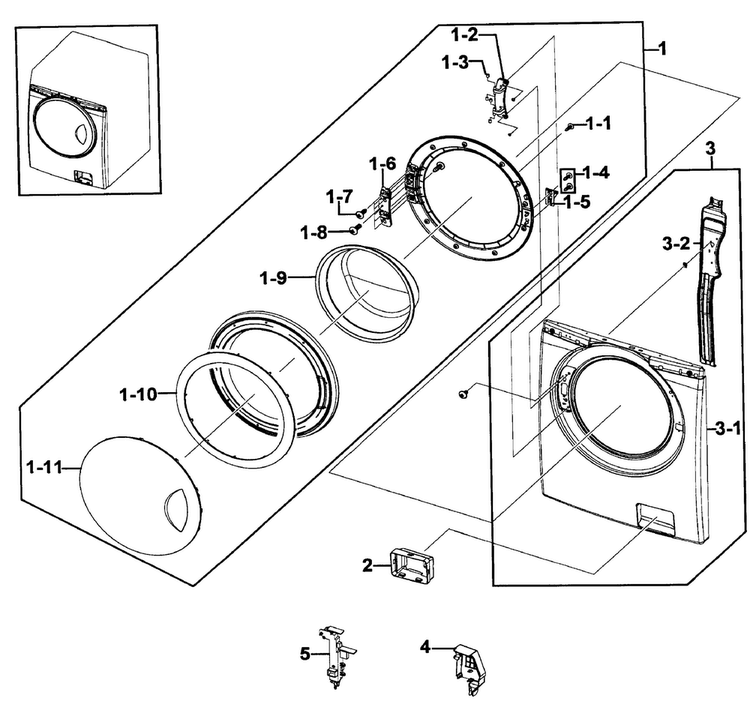 Front Assy Diagram and Parts List for WF219ANB XAA-0000 Samsung Washer