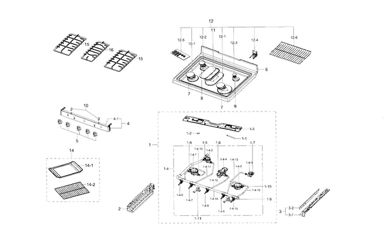 Cooktop Diagram and Parts List for NX58H5600SS AA-0001 Samsung Range