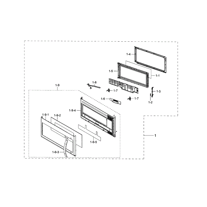 Door Assembly Diagram and Parts List for ME21H9900AS AA-00 Samsung Microwave