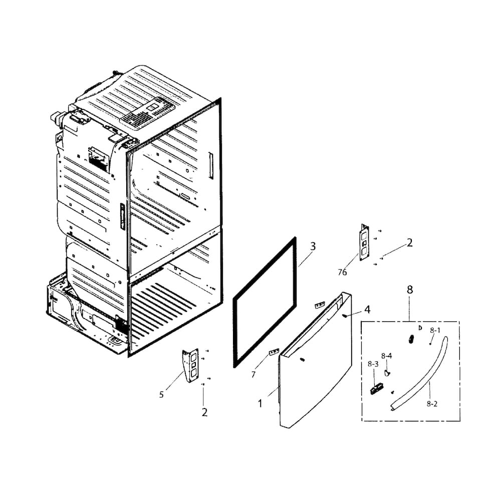 Freezer Door Diagram and Parts List for RF221NCTASR AA-0001 Samsung Refrigerator