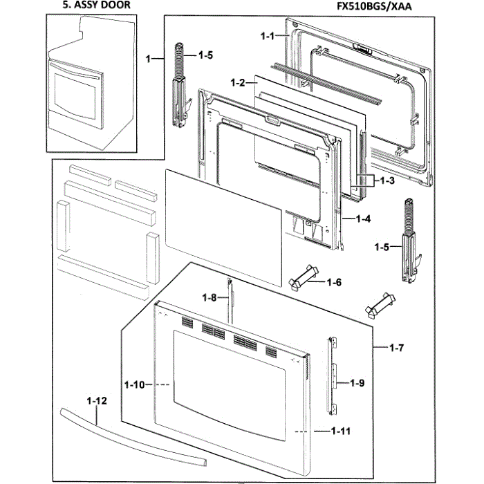 Door Diagram and Parts List for FX510BGS XAA-00 Samsung Range