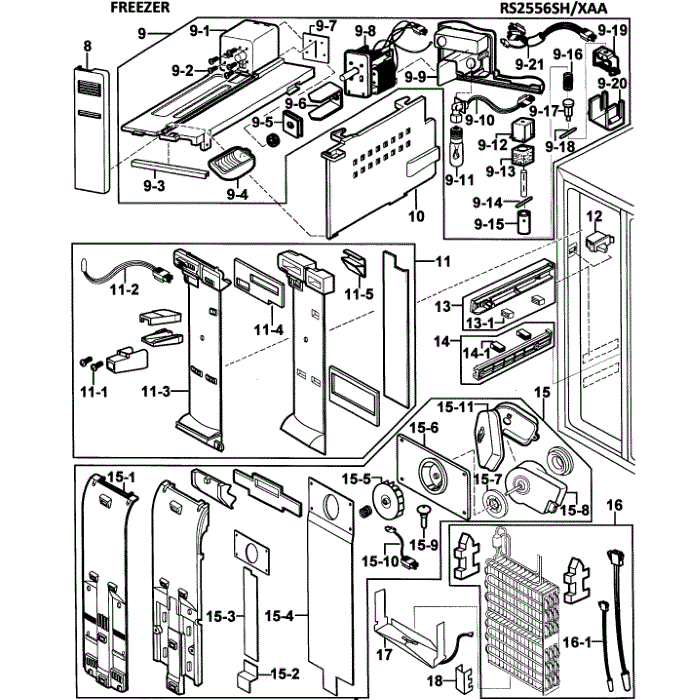 Freezer Diagram and Parts List for RS2556SH XAA-00 Samsung Refrigerator