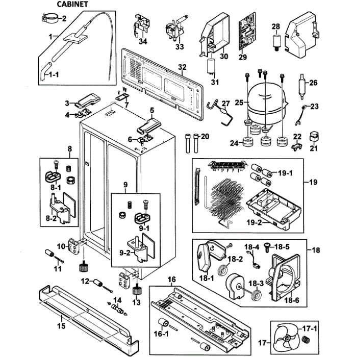 Cabinet Diagram and Parts List for RS265LBWP XAA-00 Samsung Refrigerator