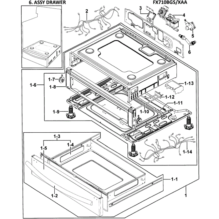 Drawer Diagram and Parts List for FX710BGS XAA-00 Samsung Range