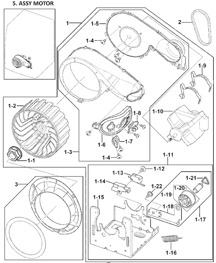 Motor Assy Diagram and Parts List for DV409AEW XAA-0000 Samsung Dryer