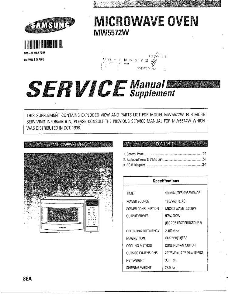 Microwave/supplement/contents/specs Diagram and Parts List for MW5572W XAA Samsung Microwave