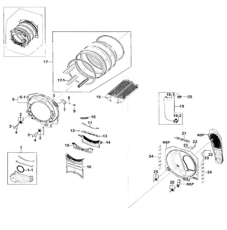Drum Assy Diagram and Parts List for DV511AER XAA-0001 Samsung Dryer