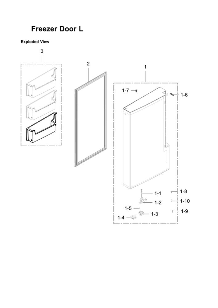 Left Freezer Door Parts Diagram and Parts List for RF34H9960S4 AA-07 Samsung Refrigerator