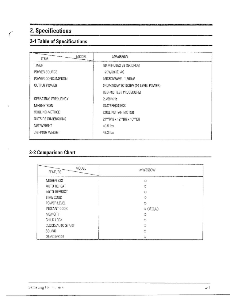 Specifications Diagram and Parts List for MW6580W XAA Samsung Microwave