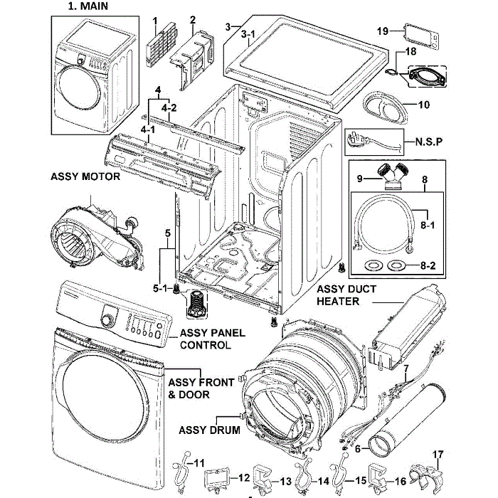Main Assembly Diagram and Parts List for DV409AEW XAA-00 Samsung Dryer