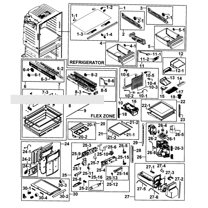 Refrigerator Diagram and Parts List for RF25HMEDBWW AA-00 Samsung Refrigerator