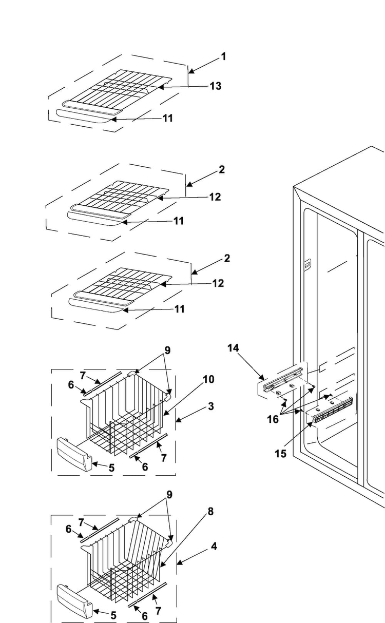 Freezer Shelves Diagram and Parts List for RS2545SH XAA Samsung Refrigerator