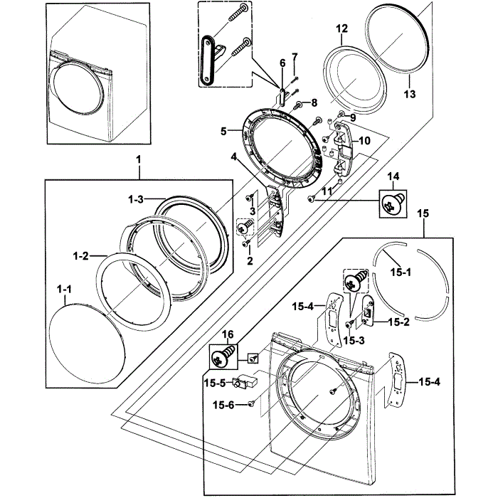 Front Assembly Diagram and Parts List for DV328AGG XAA-00 Samsung Dryer