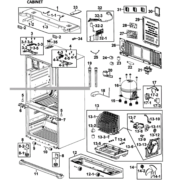 Cabinet Assembly Diagram and Parts List for RF26VABBP XAA-00 Samsung Refrigerator