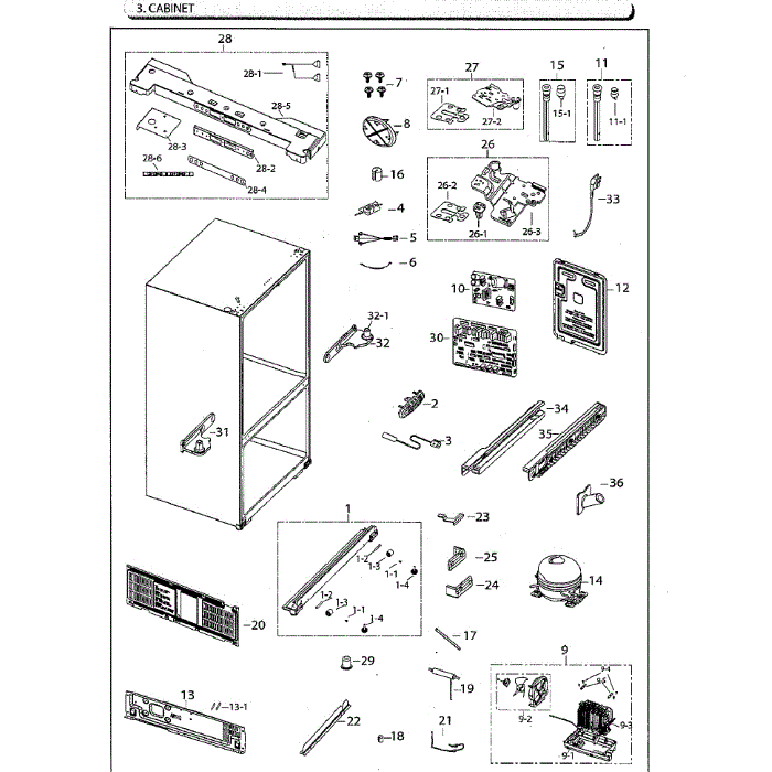 Cabinet Diagram and Parts List for RF261BEAESG AA-01 Samsung Refrigerator