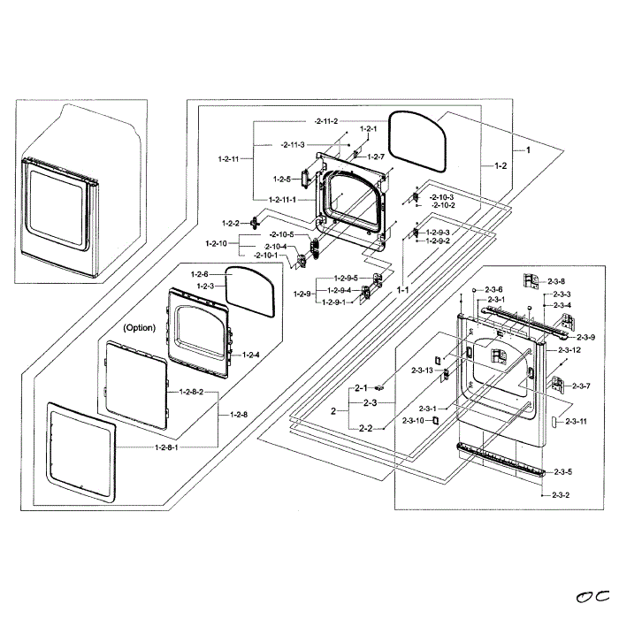 Frame Front And Door Diagram and Parts List for DV50F9A8EVW A2-00 Samsung Dryer