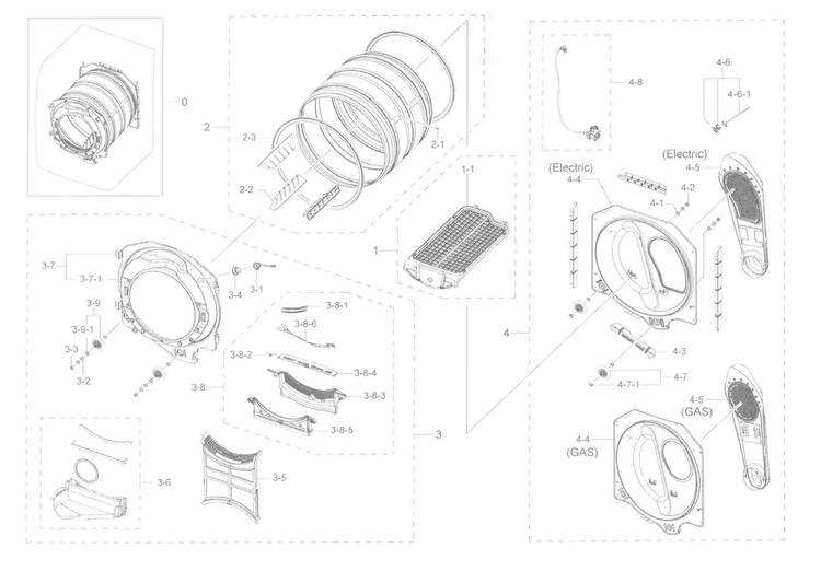 Drum Diagram and Parts List for DV45K6200GZ A3-0000 Samsung Dryer