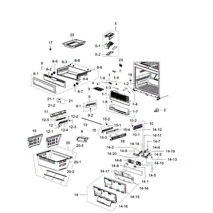 Freezer Diagram and Parts List for RF267ACBP XAA-00 Samsung Refrigerator