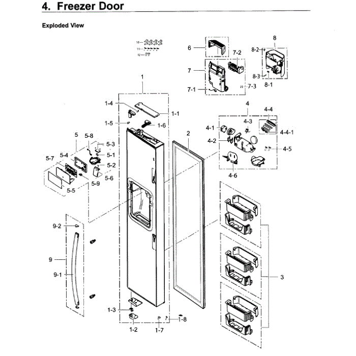 Freezer Door Diagram and Parts List for RS25H5121SR AA-01 Samsung Refrigerator