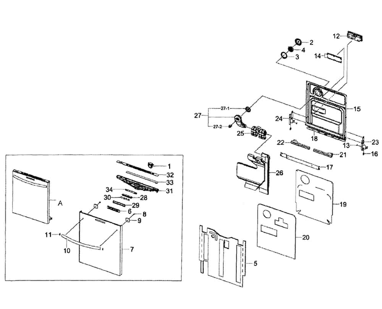 Door Assy Diagram and Parts List for DW80F800UWS AA-0000 Samsung Dishwasher