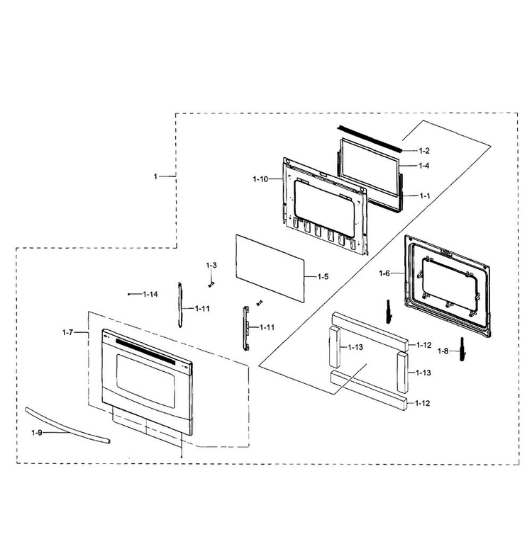 Door Section Diagram and Parts List for NE59J3420SB AA-0004 Samsung Range