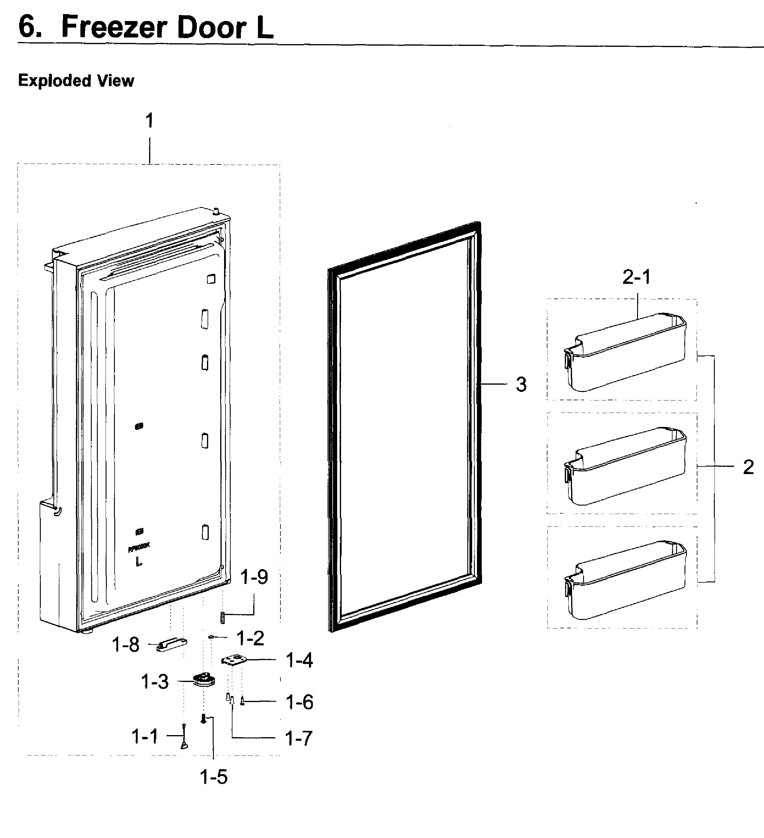 Freezer Door L Diagram and Parts List for RF22K9381SG AA-0001 Samsung Refrigerator