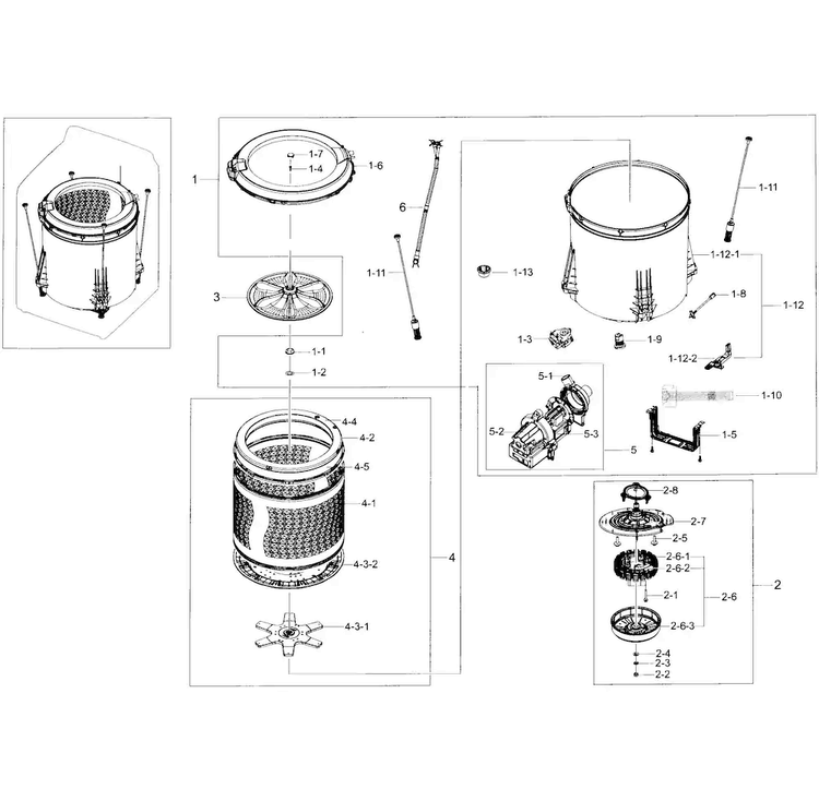 Tub Section Diagram and Parts List for WA48J7770AP A2-0001 Samsung Washer