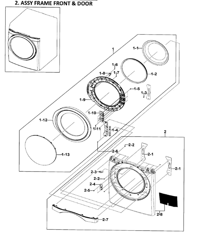 Front/door Assy Diagram and Parts List for DV511AGR XAA-0001 Samsung Dryer