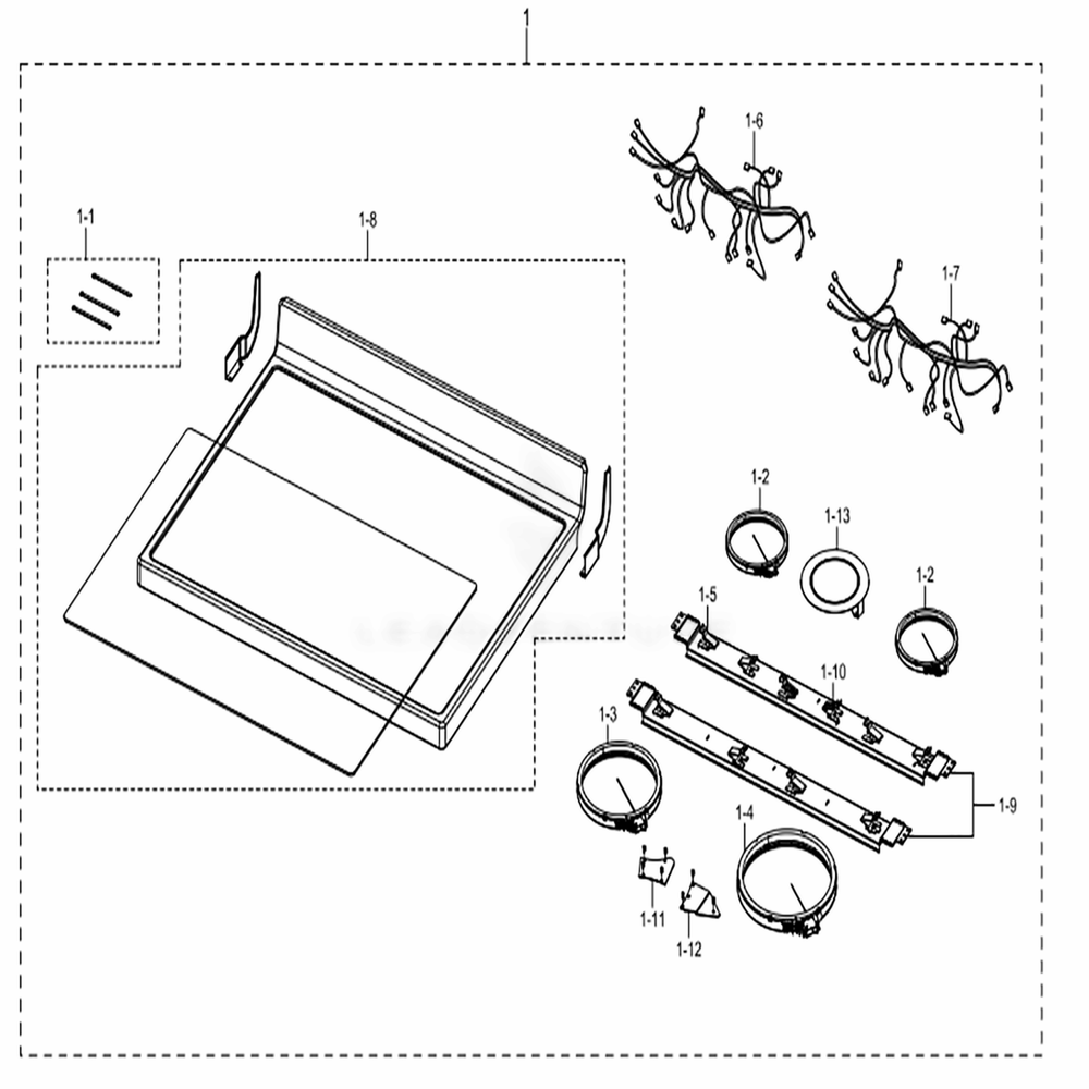 Assembly Cook Top Diagram and Parts List for NE59M6850SG (AA)(0002) Samsung Range