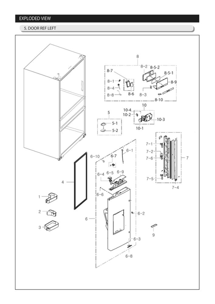 Left Refrigerator Door Parts Diagram and Parts List for RF25HMIDBSR AA-00 Samsung Refrigerator