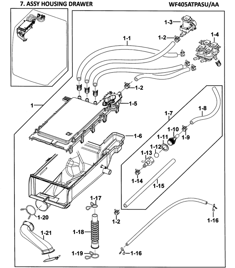 Drawer Housing Diagram and Parts List for WF405ATPASU AA-0000 Samsung Washer