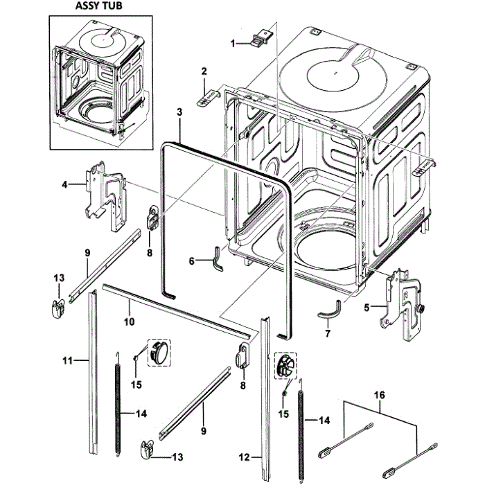Tub Assembly Diagram and Parts List for DMR78AHW XAA-00 Samsung Dishwasher