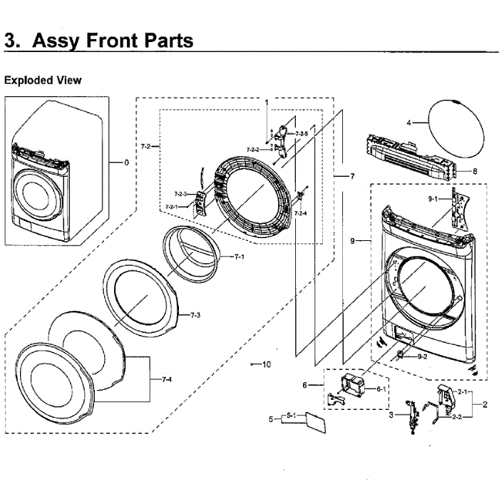 Front Assembly Diagram and Parts List for WV60M9900AW A5-01 Samsung Washer