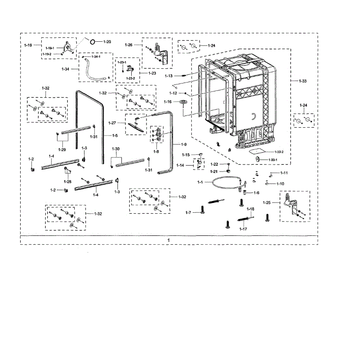 Tub Diagram and Parts List for DW80N3030UB AA-00 Samsung Dishwasher