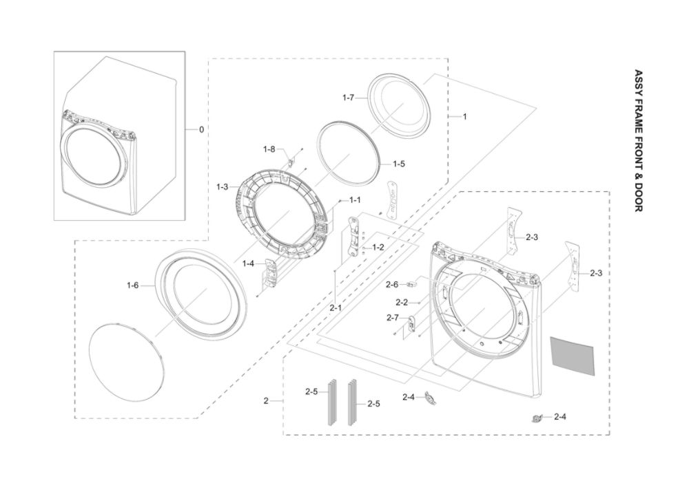 Front Frame And Door Assembly Diagram and Parts List for DV42H5200EF A3-01 Samsung Dryer