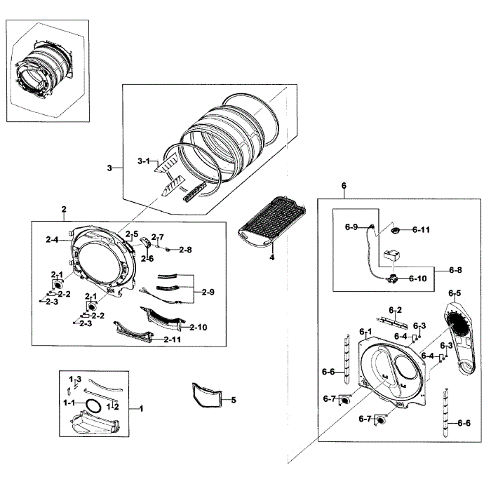 Drum Assembly Diagram and Parts List for DV409AER XAA-01 Samsung Dryer