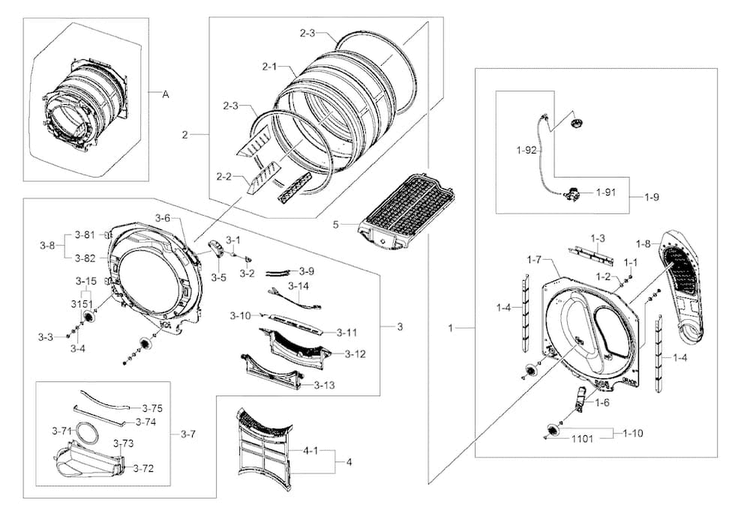 Drum Assy Diagram and Parts List for DV405GTPAWR AA-0002 Samsung Dryer