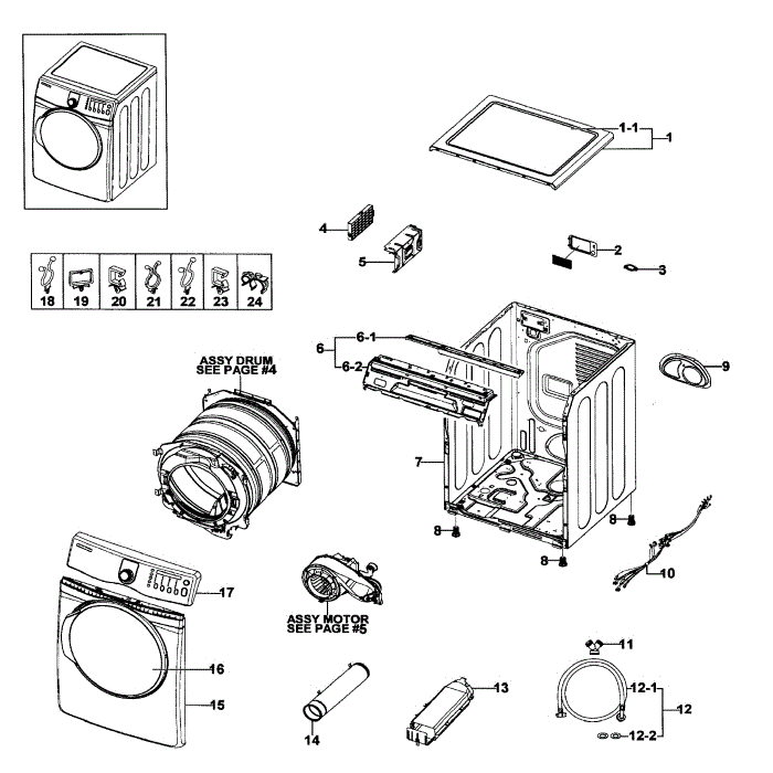 Main Assembly Diagram and Parts List for DV409AER XAA-01 Samsung Dryer