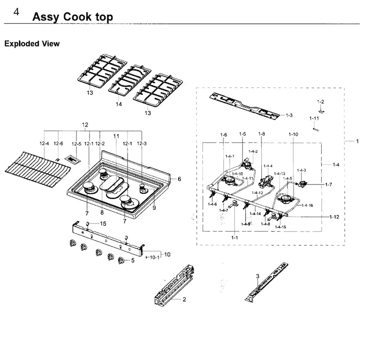 Cooktop Diagram and Parts List for NX58K3310SW AA-0000 Samsung Range
