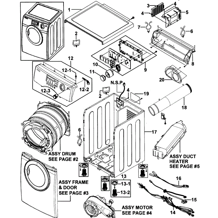 Main Assembly Diagram and Parts List for DV316LEW XAA-00 Samsung Dryer