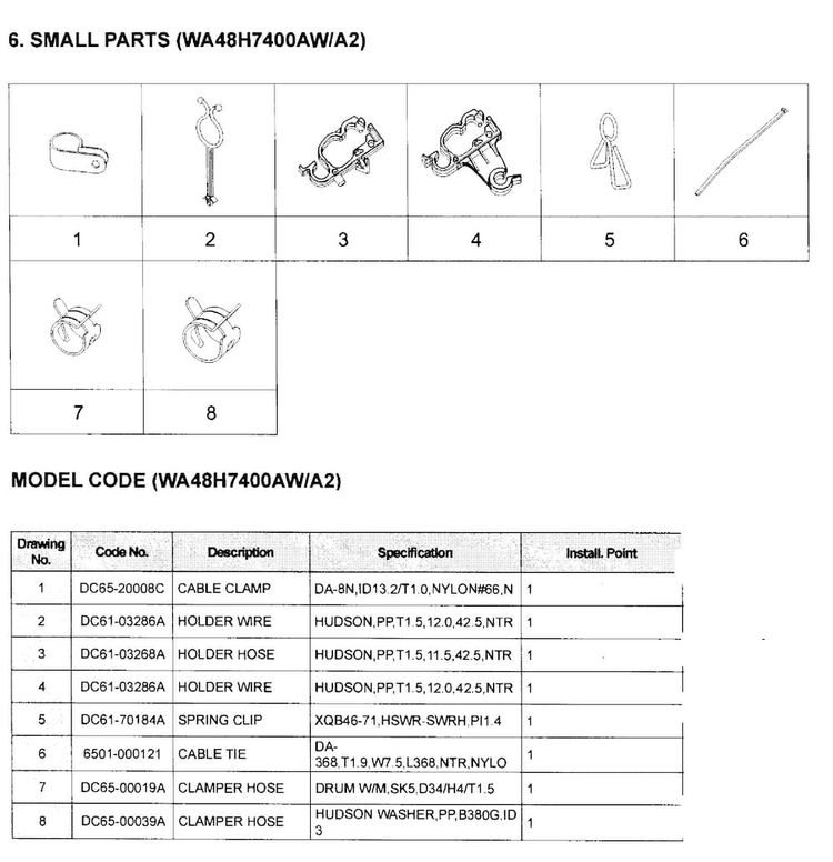 Small Parts Diagram and Parts List for WA48H7400AW A2-0000 Samsung Washer