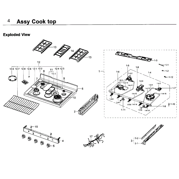 Cooktop Diagram and Parts List for NX58K7850SS AA-00 Samsung Range
