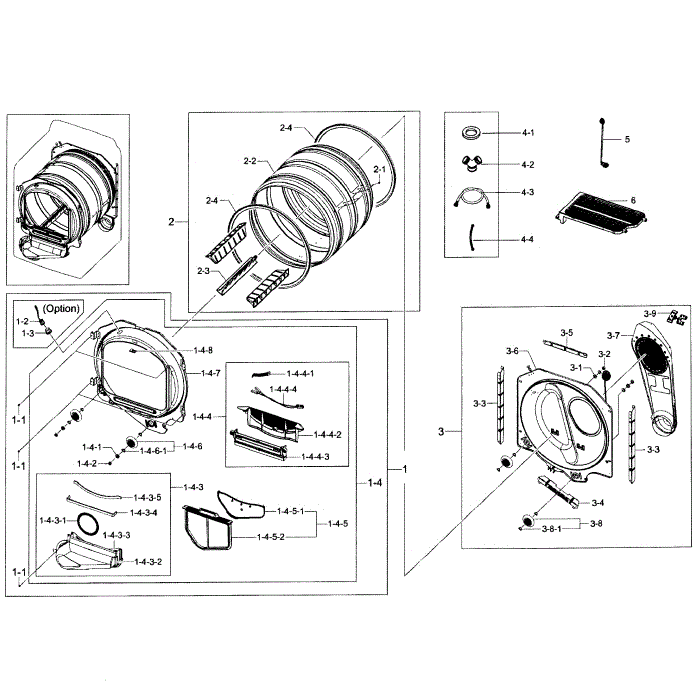 Drum Assembly Diagram and Parts List for DV50F9A6EVW A2-01 Samsung Dryer