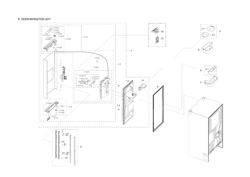 Left Refrigerator Door Parts Diagram and Parts List for RF23R6201WW AA-00 Samsung Refrigerator