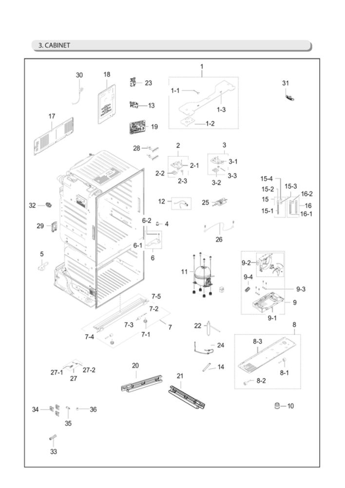 Cabinet Parts Diagram and Parts List for RF28HFEDBSR AA-22 Samsung Refrigerator
