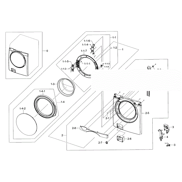 Frame Front And Door Diagram and Parts List for WF395BTPARA A2-00 Samsung Washer