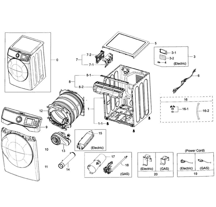 Main Asy Diagram and Parts List for DV50K7500GW A3-0001 Samsung Dryer